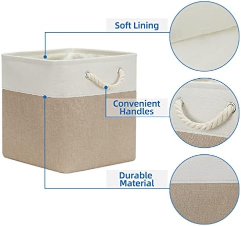 Temary 4 Pack Cube Storage Bins Cloth Baskets for Shelf, Fabric Storage Cubes 12 x 12 Baskets Gift Empty Basket with Handles, Basket for Storage (White&Khaki) - Image 3
