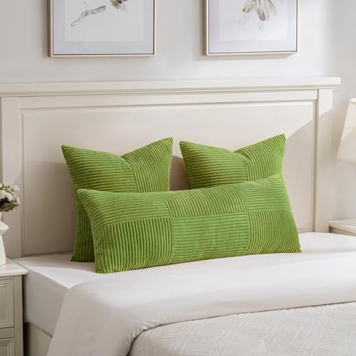 Fancy Homi Set of 2 Lime Green Big Decorative Throw Pillow Covers 24x24 Inch for Couch Bed Sofa, Modern Farmhouse Boho Home Decor, Soft Cross Corduroy Patchwork Accent Square Cushion Case 60x60 cm - Image 5