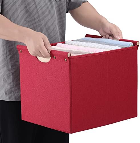 HOONEX Large Collapsible Storage Bins, Linen Fabric, Pack of 2, Storage Baskets with Wooden Carry Handles and Sturdy Heavy Cardboard, for Home, Office, Car, Nursery, Red - Image 5