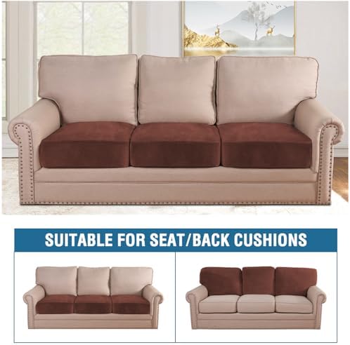 H.VERSAILTEX Velvet Stretch Couch Cushion Cover Plush Cushion Slipcover for Chair Loveseat Sofa Cushion Furniture Protector Seat Cushion Sofa Cover (3 Piece Sofa Cushion Covers, Burnt Brick) - Image 3