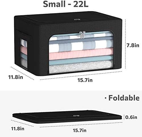 CYhom 3Pack Foldable Storage Bins - Frame Storage Box Linen Fabric Stackable Clothes Container Organizer with Clear Window & Carry Handles Large Capacity (Small-22L, Black) - Image 4
