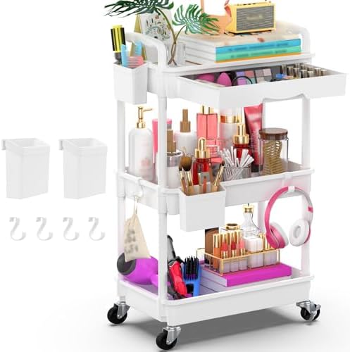 Goovilla 3 Tier Rolling Utility Cart Organizer with Removable Drawer, White by Goovilla