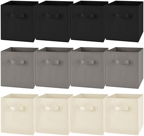 Yinder 12 Pcs Cube Storage Bin Grey 10.5''x10.5''x11'' Black Beige Storage Bins for Playroom Decor Colorful Bins for Kids Foldable Baskets for Nursery Organizer Boxes Fabric Boxes by Yinder