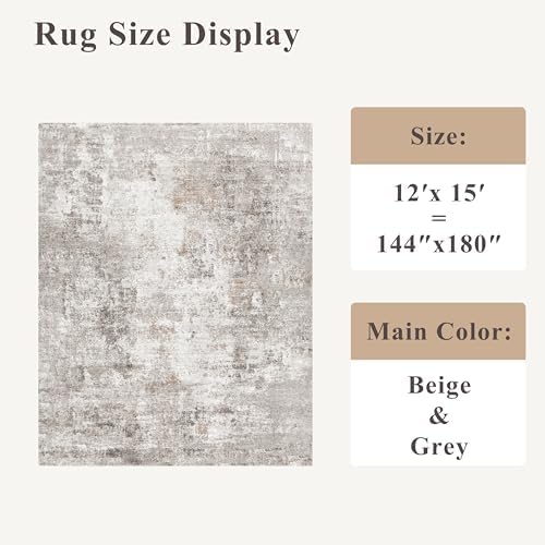 12x15 Area Rug for Living Room – Large Modern Neutral Abstract Thin Washable Carpet, Soft Low Pile Non-Slip Stain-Resistant for Bedroom Dining Room Home Office (Beige Grey) - Image 2