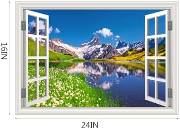 Fake Window Wall Sticker - Mountain Lake Landscape Home Art Decor Mural | Faux Window Spring Blue Sky Cloud Natural Scenery Mural｜ Stick and Peel Wall Decals｜Room Bedroom Office Scene Decor｜24"x16" - Image 4