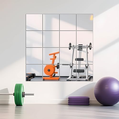 Ruomeng Home Gym Mirrors 12" x 12" x 16Pcs Wall Mounted Mirror Glass Frameless Full Length Mirror Tiles for Home Gym, Bedroom, Door & Bathroom by Ruomeng