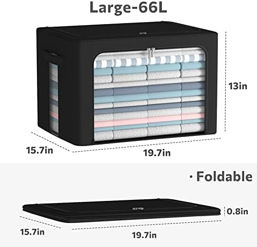 CYhom Clothes Storage Bins Box - Linen Fabric Foldable Stackable Container Organizer Set with Clear Window & Carry Handles & Metal Frame (Black, Large-66L) - Image 4