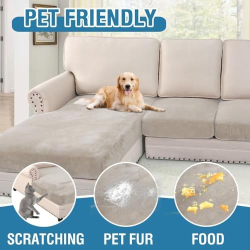 H.VERSAILTEX Velvet Stretch Sectional Couch Covers 4 Pieces Sofa Seat Cushion Covers L Shape Separate Cushion Couch Chaise Cover for Both Left/Right Couch (Large Sofa 3 Seater + 1 Chaise, Oatmeal) - Image 3