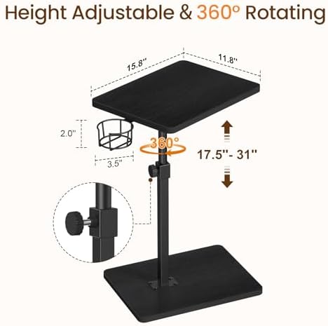 Giikin Side Table, 360 Swivel & Height Adjustable TV Trays for Eating on Couch, Sofa Armrest TV Tray Table with Cup Holder for Small Spaces, C-Shaped, Black, 11.8" D x 15.8" W x 31" H - Image 3