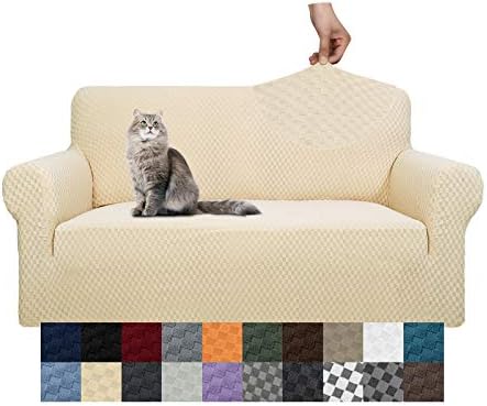 YEMYHOM Couch Cover Latest Jacquard Design High Stretch Sofa Covers for 2 Cushion Couch, Pet Dog Cat Proof Loveseat Slipcover Non Slip Magic Elastic Furniture Protector (Medium, Beige) by YEMYHOM