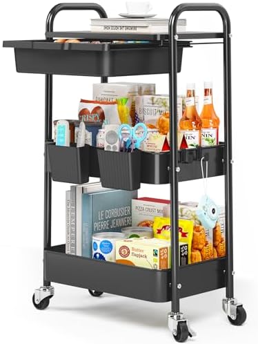 KINGRACK 3 Tier Metal Rolling Cart with Drawer, Black Utility Storage Cart | 2 Cups & 4 Hooks, Lockable Wheels, Trolley Organizer for Bathroom, Kitchen, Office, Nursery, Dorm, Laundry, Craft Room by KINGRACK