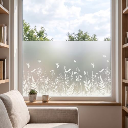 Static Cling Privacy Window Film, 78" x 17" Frosted Glass Covering with Wildflower & Botanical Patterns, Removable No Glue Window Film for Home Bathroom Bedroom Office (Butterfly & Fern Botanical) by TAMHOO