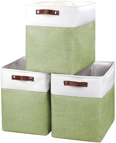 Bagnizer Large Fabric Storage Baskets | 50L Storage Bins, Decorative Linen Closet Baskets with Handles for Organizing, Shelf, Toys, Clothes, Home, Office, Nursery, 17x12x15Inches (Green&White) by Bagnizer