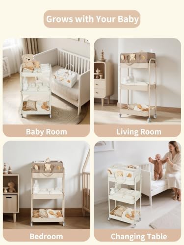 Fortella Baby Diaper Caddy, 3 Tier Rolling Cart for Baby Essentials, Beige - Image 6