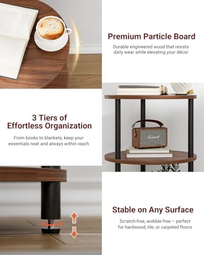 XBurmo Small Round End Table - 3 Tier Design Accent Table, Narrow Side or Bedside Stand, Industrial Vintage Nightstand for Bedroom, Living Room, or Small Spaces, Set of 2, Rustic Walnut - Image 4
