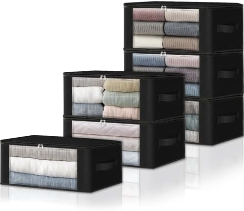 HomeHacks 6-Pack Clothes Organizer Storage Bags Foldable Storage Box with Large Clear Window Sturdy Handles for Closet, Dorm, Pillows, Bedding, Clothes, Stuffed Toys, Blankets, 35L, Black by HomeHacks