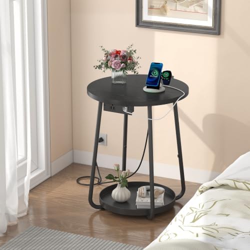 sthmec Small Round Side End Table with Storage and Charging Station, 2 Tier Round Bedside Sofa Couch Coffee Tables with Tray, Metal Nightstand for Small Spaces, Living Room Bedroom, Black - Image 6