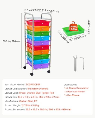 VEVOR Rolling Cart with Drawers, 10 Drawer Storage Organizer, Mobile Utility Cart with Steel Frame, Universal Casters & 2 Brakes, Great for Office, Classroom, Craft Tools, Garage, Studio, Rainbow - Image 7
