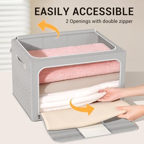 Clothes Storage Bins with Metal Frame Foldable Storage Box Clothes Organizers Storage Containers for Clothes Sheets Blankets Books Toys Gifts and Holiday Decorations (100Lx3 Pack) - Image 4