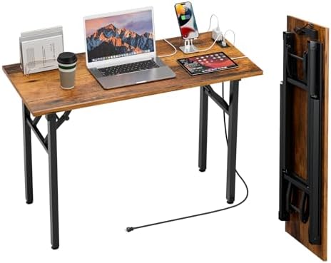 TEMI Small Computer Desk Folding Table - No Assembly, Compact 44.3" Foldable Desk with Power Outlets & USB Charging Port, Portable Small Office Desk, Ideal Mini Study Table for Narrow Spaces, Brown by TEMI