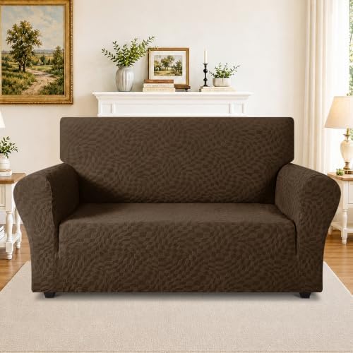 ZNSAYOTX 1 Piece Stretch Loveseat Covers for 2 Cushion Couch (55"-71"), New Plaid Couch Cover with Non-Slip Buckle for Dog Pets, Soft Cozy Washable Sofa Slipcover Form Fit Protector, Coffee - Image 2