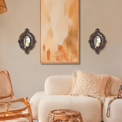 2 Set Vintage Candle Wall Sconce for Home Decor Living Room Bedroom Office Wood Antique Mirrored Victorian Mounted Candlestick Wall Holder Relief Hanging Decor -Brown 11.8in - Image 7