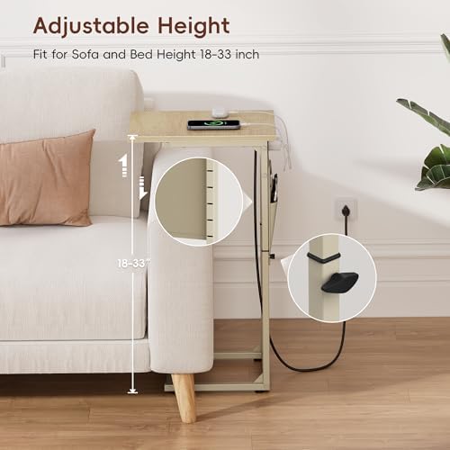 Vagusicc C Shaped End Table with Charging Station, Adjustable Height C Table End Table, Small Side Table for Couch, Couch Table Slide Under Sofa Table TV Tray Arm Table for Living Room,Bedroom,Natural - Image 4