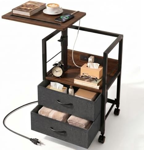 Faesun Swivel Lift Top Nightstand with Charging Station, Rolling Side Table for Recliner, Bedside Table with Wheels & 2 Fabric Drawers, for Small Spaces, for Bedroom, Living Room, Walnut Gray by Faesun