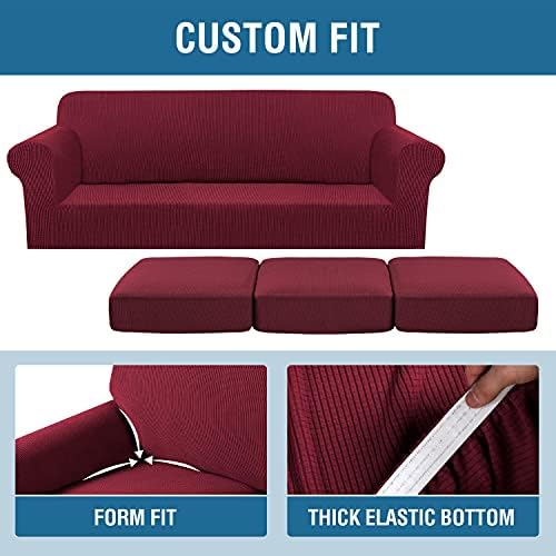 H.VERSAILTEX 4 Piece Stretch Sofa Covers for 3 Cushion Couch Covers for Living Room Furniture Slipcovers (Base Cover Plus 3 Seat Cushion Covers) Upgraded Thicker Jacquard Fabric (XL Sofa, Burgundy) - Image 4
