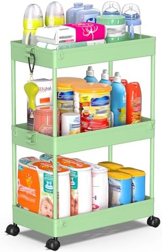 SPACEKEEPER 3 Tier Rolling Cart, Bathroom Cart Organizer with Wheels, Green by SPACEKEEPER