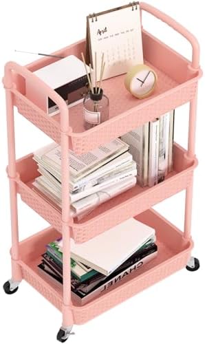 MOYIPIN 3-Tier Plastic Rolling Utility Cart with Handle,Utility,Pink by MOYIPIN