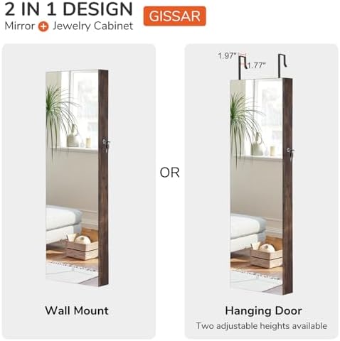 GISSAR Full Length Mirror Jewelry Cabinet, 6 LEDs Jewelry Armoire Wall Mounted Over The Door Hanging, Jewelry Organizer Storage with Lights Lockable, Vintage Brown, 14.6" x 47.2" - Image 6