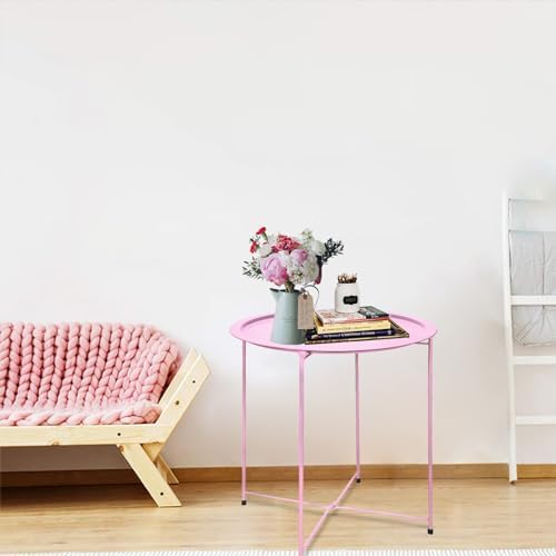 Garden 4 you End Table 2 PCS Metal Side Table Pink Round Folding Tray Cyan Sofa Small Accent Fold-able Table, Round End Table Tray, Next to Sofa Table, Snack Table for Living Room and Bed Room - Image 2