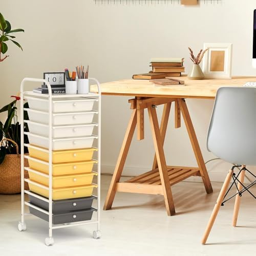 10-Drawer Rolling Storage Cart, Trolley w/Lockable 360° Wheels, 10 Removable PP Drawers, Sturdy Metal Frame, Rolling Utility Cart Perfect for Home, Office, Classroom (Yellow) - Image 2