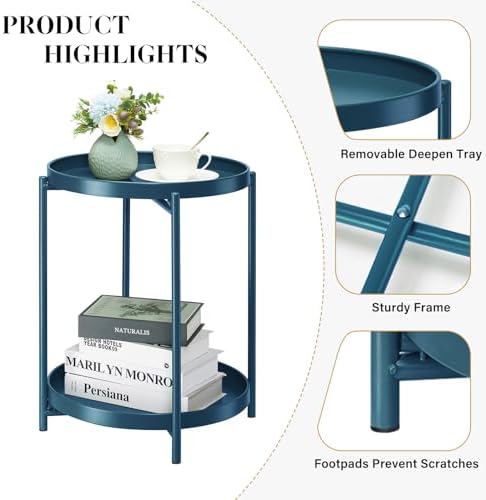 danpinera 2-Tier End Table, Outdoor Side Table Metal Round Side Table with Removable Tray, Small Accent Table, Anti-Rust Nightstand for Bedroom Balcony Patio Living Room (Navy Blue) - Image 4