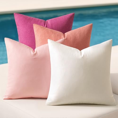 MIULEE Pack of 4 Decorative Outdoor Throw Pillow Covers Linen Waterproof Pillow Covers Summer Farmhouse Cushion Cases for Patio Garden Tent Balcony Couch Sofa 18x18 Inch Pink by MIULEE