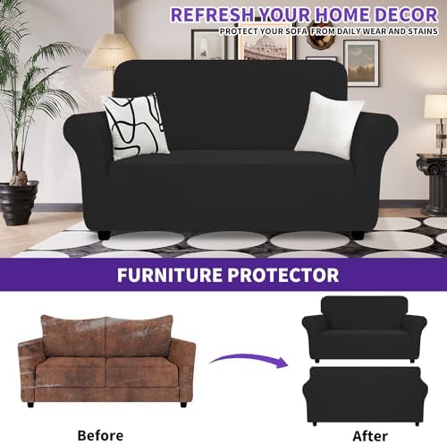 ZNSAYOTX Super Stretch Loveseat Covers (57"-70"), New Striped Love Seat Slipcover, Dogs Pet Friendly Anti-Slip Couch Protector Spandex Durable 2 Seater Fabric Sofa Cover (Black, Loveseat) - Image 2