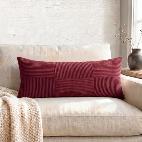 Fancy Homi Set of 2 Burgundy Boho Long Lumbar Body Decorative Throw Pillow Cover 14x36 Inch for Bed Couch Bedroom Bench, Soft Patchwork Corduroy Textured Pillow Case, Rustic Farmhouse Room Décor - Image 5