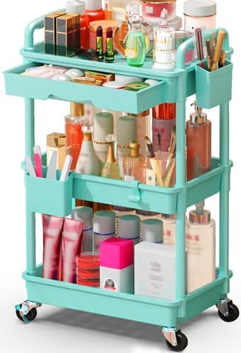 SUNALLY Makeup Cart Organizer with Drawer, 3 Tier Rolling Makeup Cart, Blue by SUNALLY