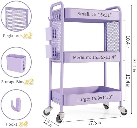 TOOLF 3 Tier Rolling Cart Storage Organizer, Metal Rolling Utility Cart with Wheels, Hooks & Bins Esthetician Craft Art Sturdy Storage with Pegboard for Bathroom, Kitchen, Office, Nursery Diaper - Image 7