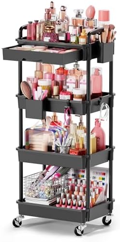 Goovilla Rolling Makeup Organizer Cart with Removable Drawer, 4 Tier Black by Goovilla