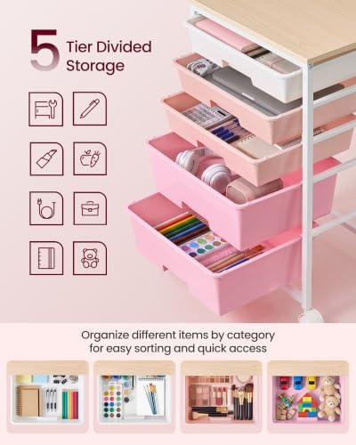 VASAGLE Rolling Cart with Drawers,5 Drawers Storage Cart, Pink - Image 6