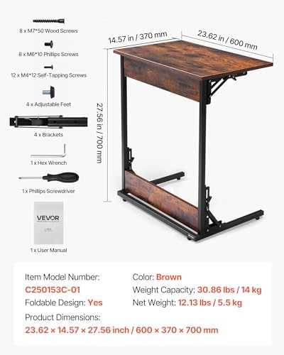 VEVOR C Table, Folding C Shaped End Table with Metal Frame & Adjustable Feet, Foldable C Shaped Side Table for Living Room Bedroom Office, 23.62 x 14.57 x 27.56 inch TV Tray, Brown and Black - Image 3