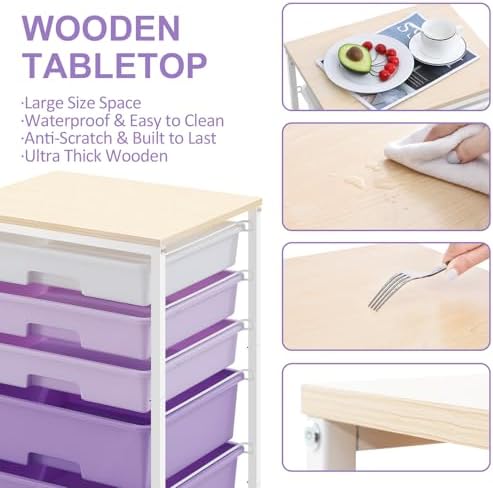 SYKIARIOL Utility Cart with 5 Drawers with Wooden Top,Purple - Image 6