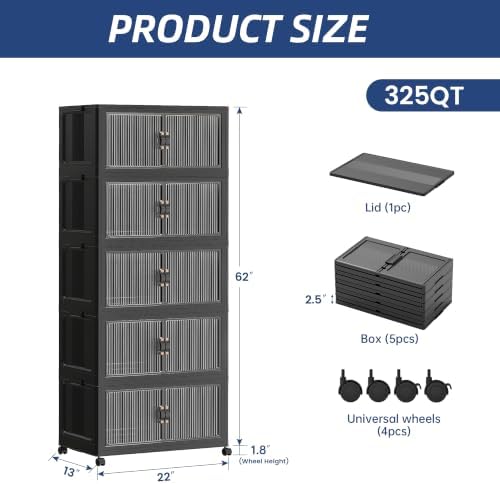 SAILUN 325Qt Stackable Storage Bins,Storage Cabinet with a Lid,5 Pack Black - Image 5