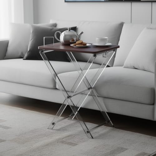 Folding TV Tray Table with Wooden Top, Acrylic Large Folding TV Tray Table Deep Walnut Foldable Small Desk Space-Saving Side Table for Living Room, Bedroom, Kitchen, Snack & Serving Table - Image 6