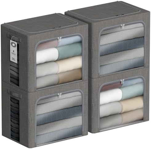 4 Pack Clothes Storage Bins with Metal Frame - 36L Stackable Storage Box with Lid，Foldable Storage Container Organizer for Clothes，Linen Fabric Storage Box with Clear Window＆Zippers＆Handles by Chizjox