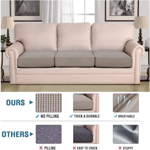 H.VERSAILTEX Super Stretch Individual Seat Cushion Covers - Sofa & Couch Cushion Slipcover Sets - Thick Jacquard Textured Twill Fabric (3 Piece XL Sofa Cushion Covers, Taupe) - Image 2
