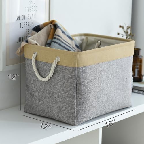 TheWarmHome Storage Basket for Organizing - Fabric Large Cubes 3 Pack 16x12x12 inch Baskets, Cube Storage Bin for Shelves Organizer Closet Cloth Gift Toy (Gold & Grey) - Image 5