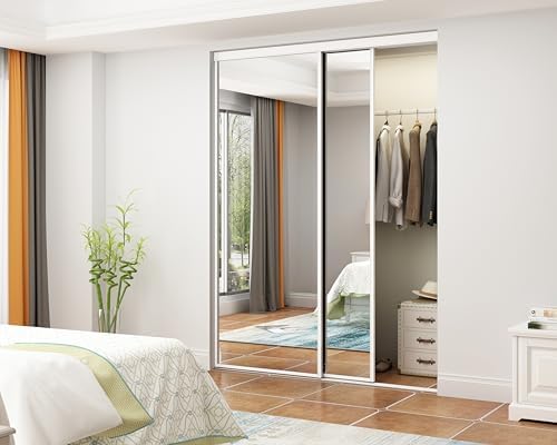 48 in. x 80 in. Mirror White Steel Frame Interior Closet Sliding Door with White Trim and Hardware Kit - Image 2
